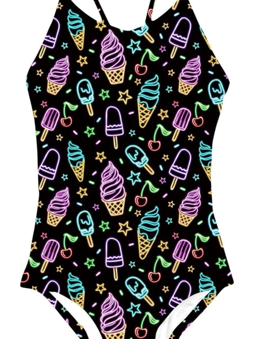 Amazon Girls Black Neon Ice Cream Print One-Piece Swimsuit